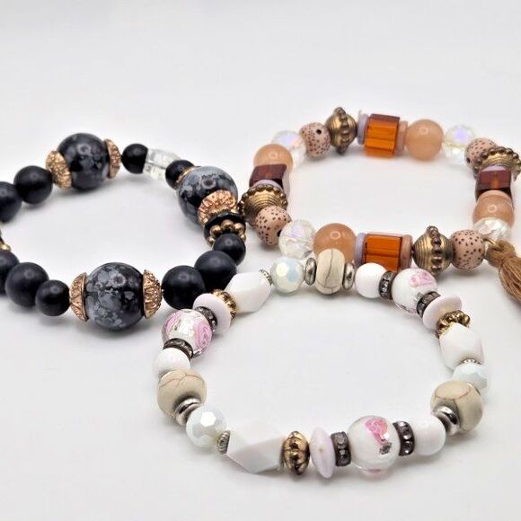 Three Mixed Media Stretch Bracelets‎ Black and Neutral Colors One with a Tassel - Picture 2 of 6